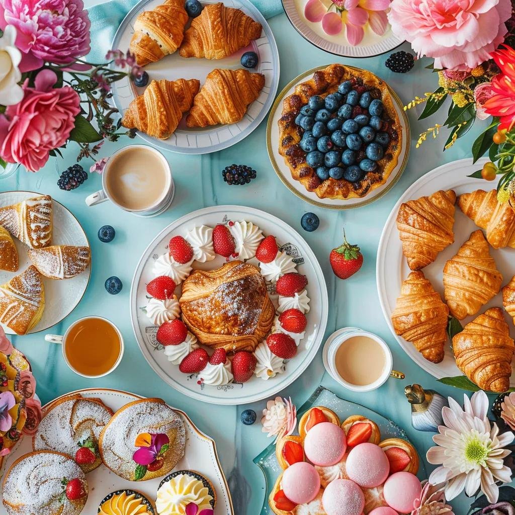Assorted French pastries and beverages set for a Mother's Day brunch