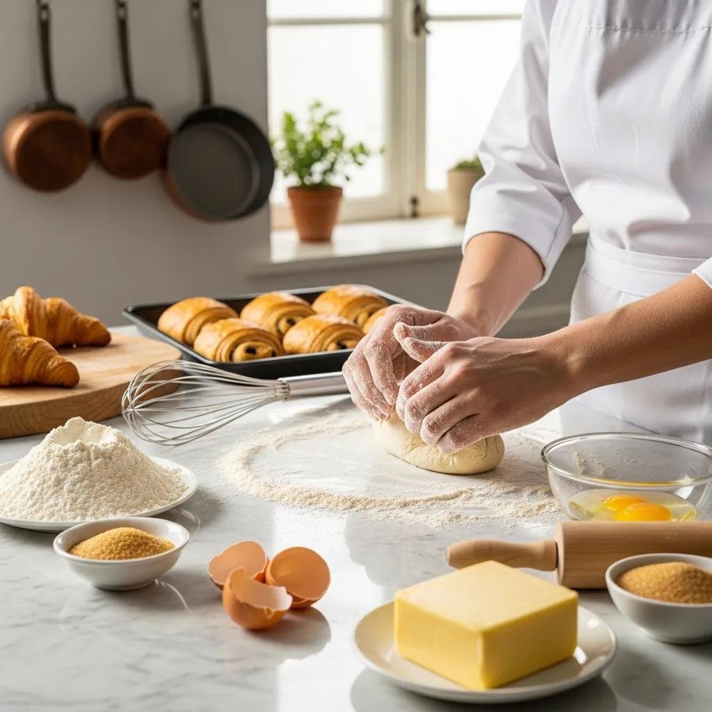 A baker preparing French pastries with ingredients like flour and butter, illustrating the art of pastry making