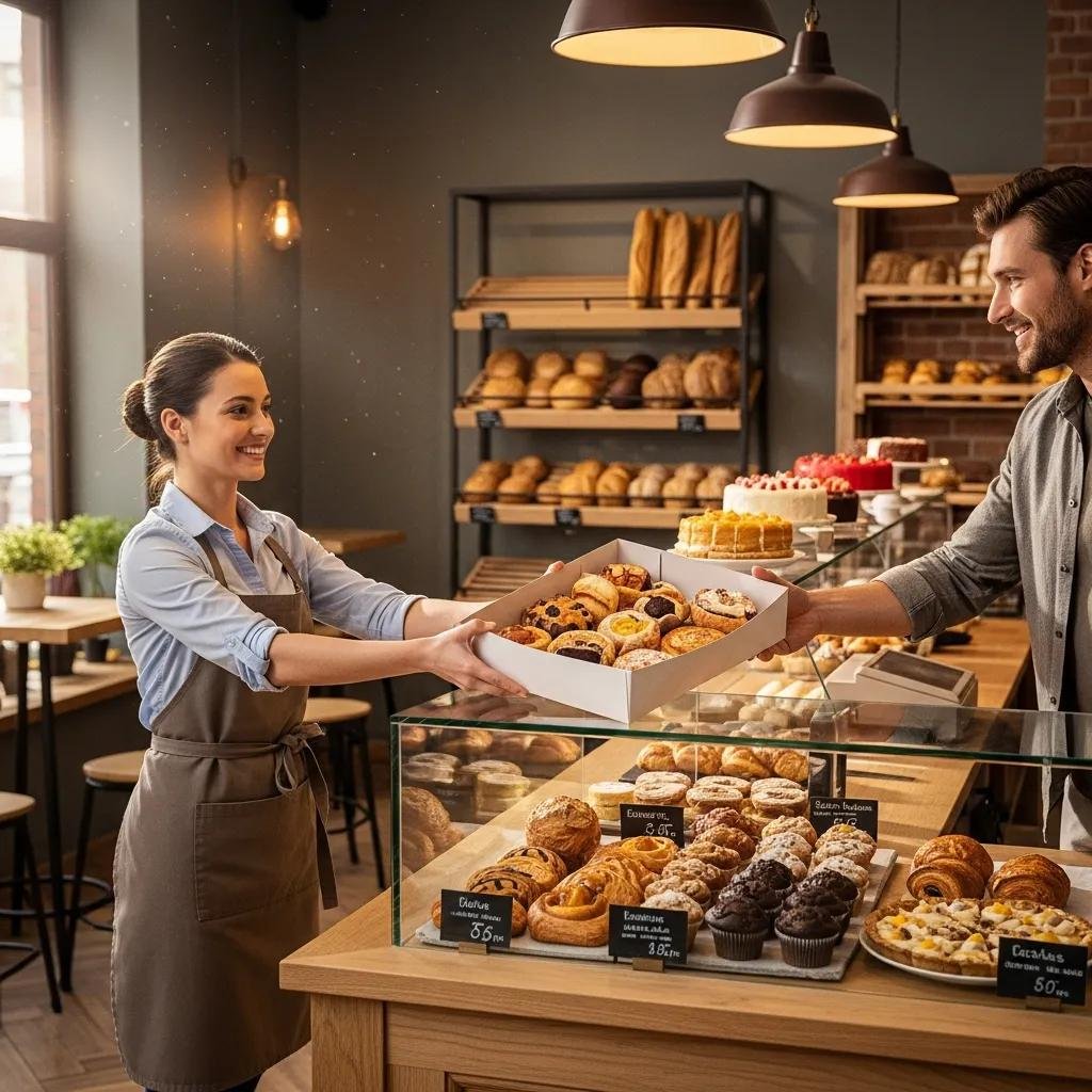A bakery staff member handing a box of pastries to a customer at the counter in a welcoming bakery