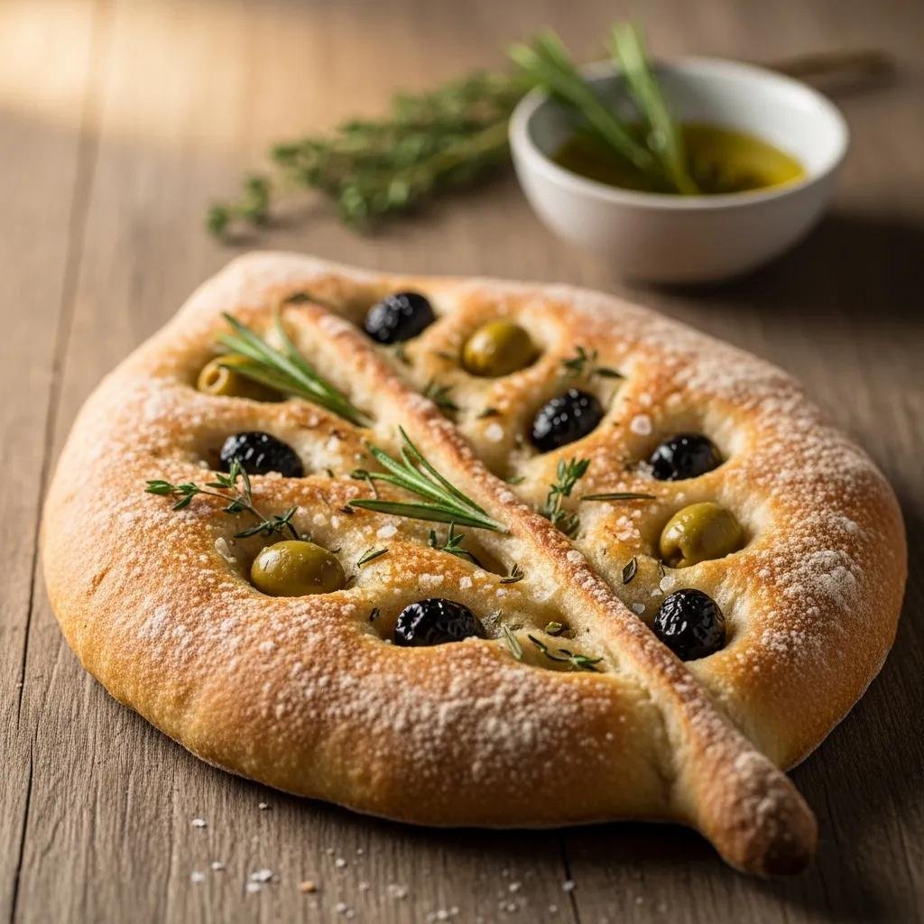 A beautifully shaped fougasse bread topped with herbs and olives, highlighting its artisanal craftsmanship