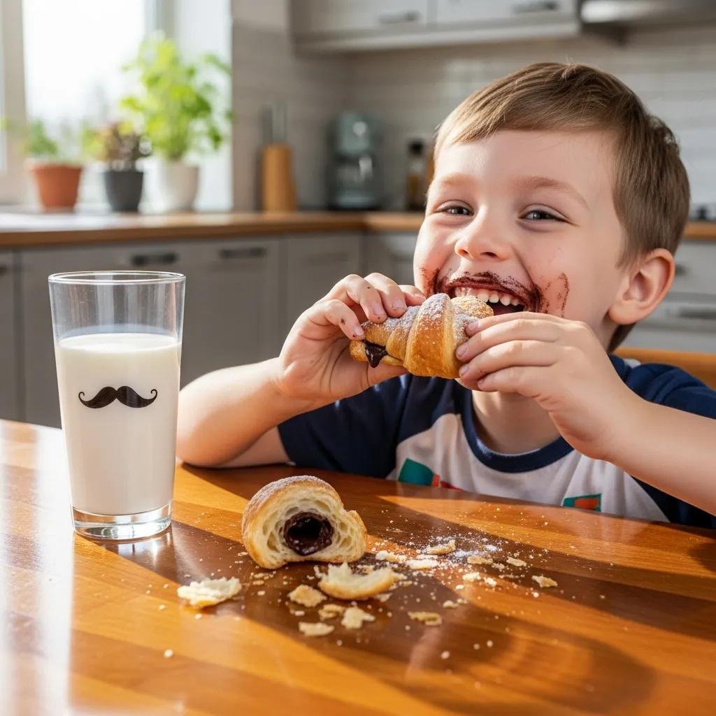 A child enjoying a mini croissant filled with chocolate, highlighting its appeal as a perfect snack for kids