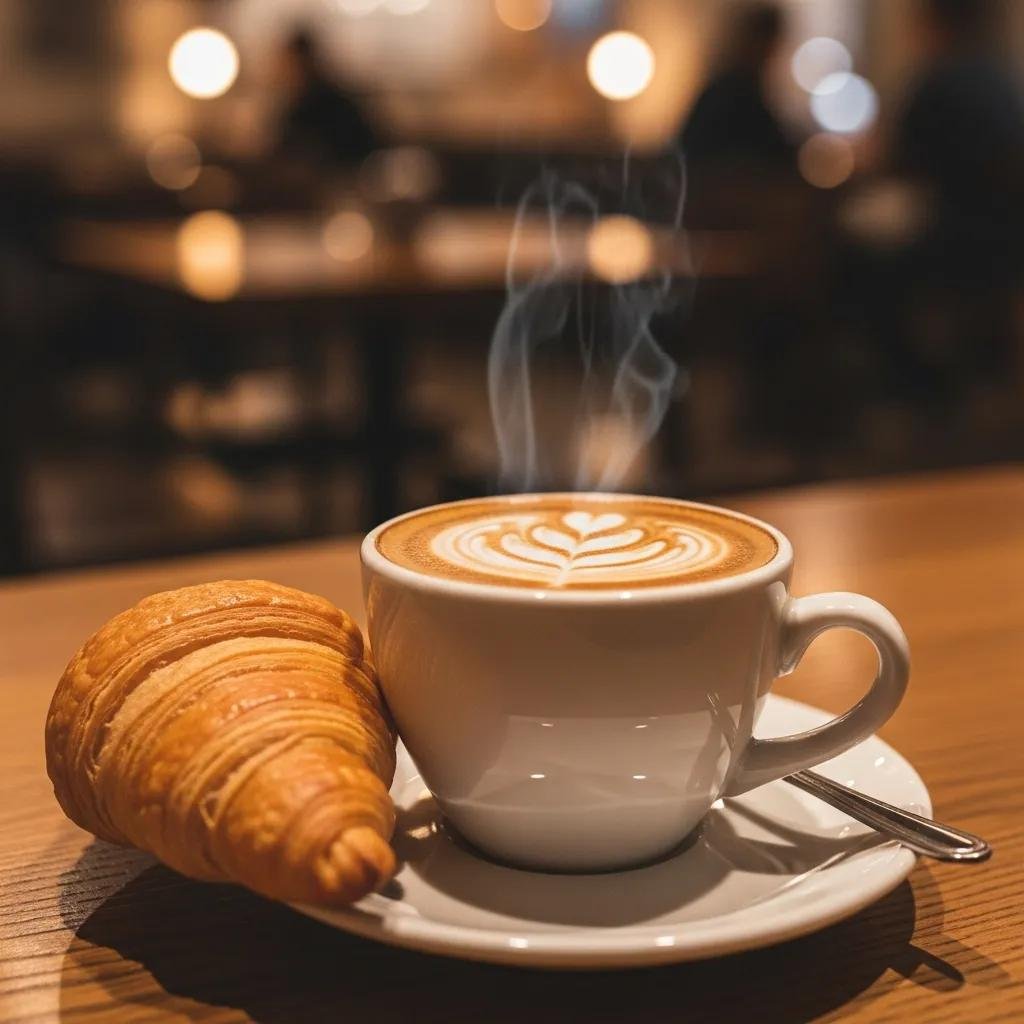 A close-up of a crafted espresso and a flaky croissant in a cozy café setting
