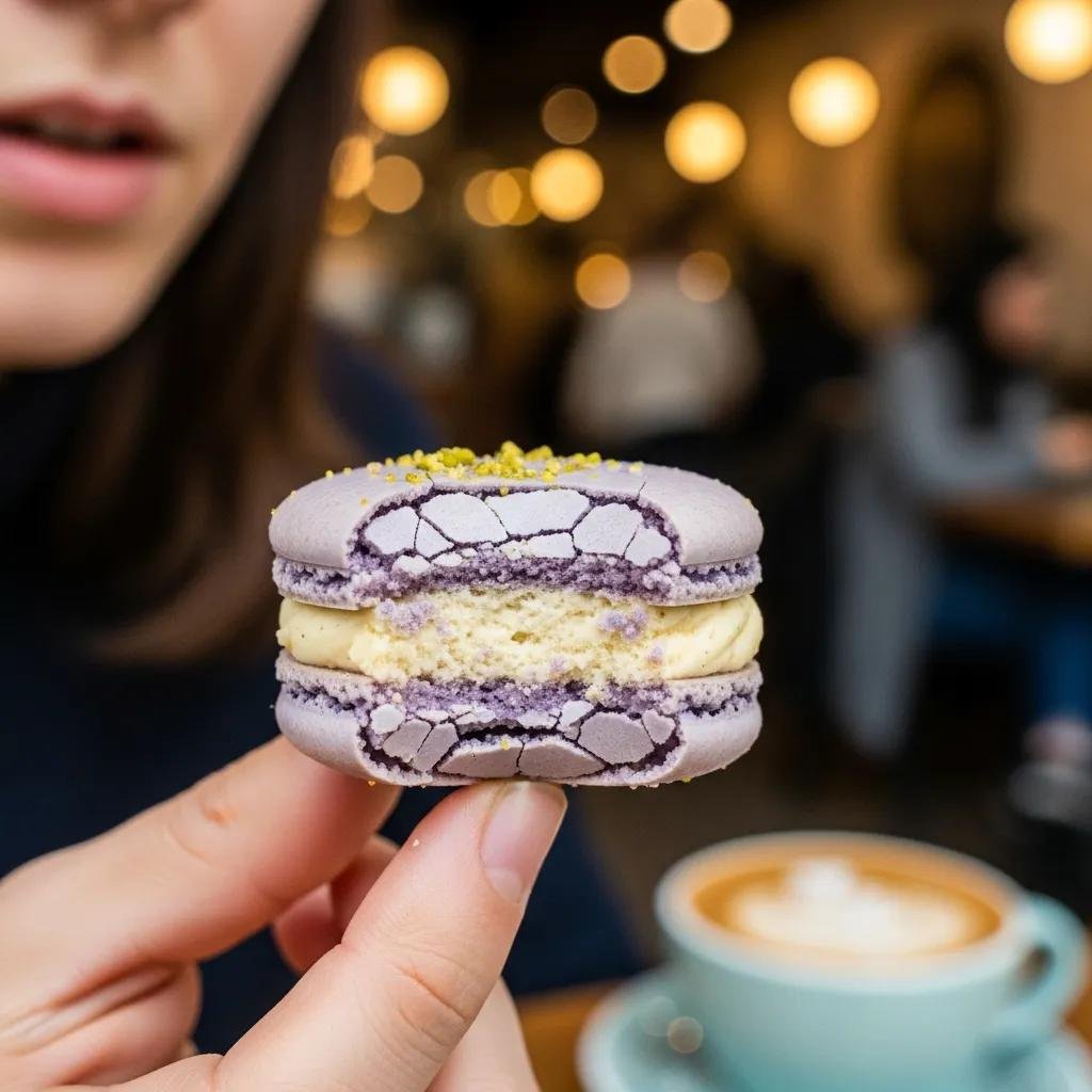 A close-up of a sugar-free macaron being enjoyed in a cozy café setting