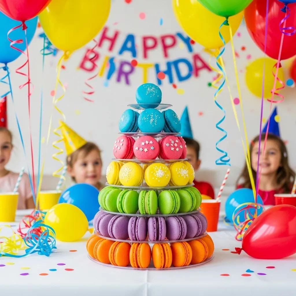 A colorful macaron tower at a children's birthday party, illustrating their popularity and festive appeal