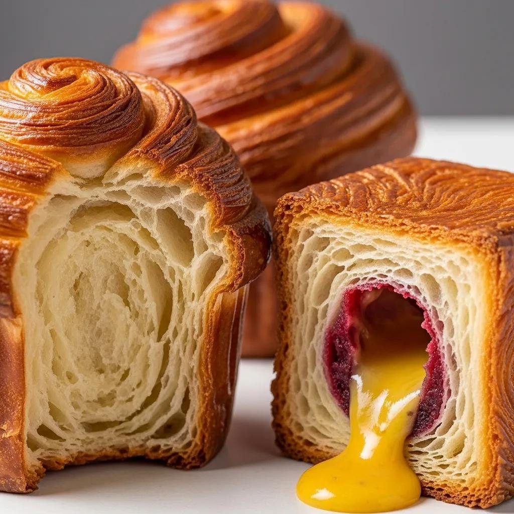 A cruffin and a cube croissant showcasing their unique textures and fillings, emphasizing the trend of hybrid pastries