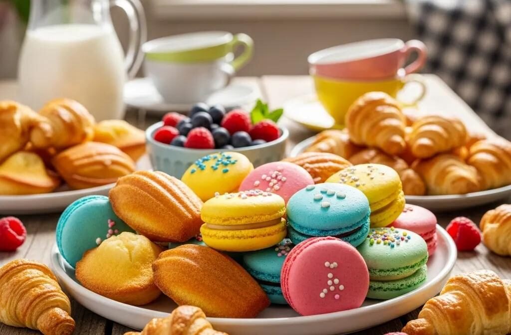 A delightful assortment of kid-friendly French desserts including macarons, madeleines, and mini croissants, showcasing their vibrant colors and textures
