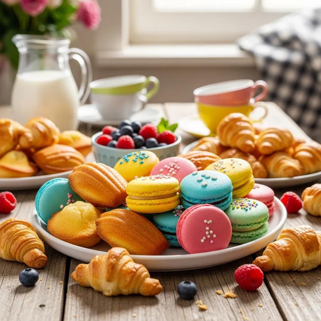 A delightful assortment of kid-friendly French desserts including macarons, madeleines, and mini croissants, showcasing their vibrant colors and textures