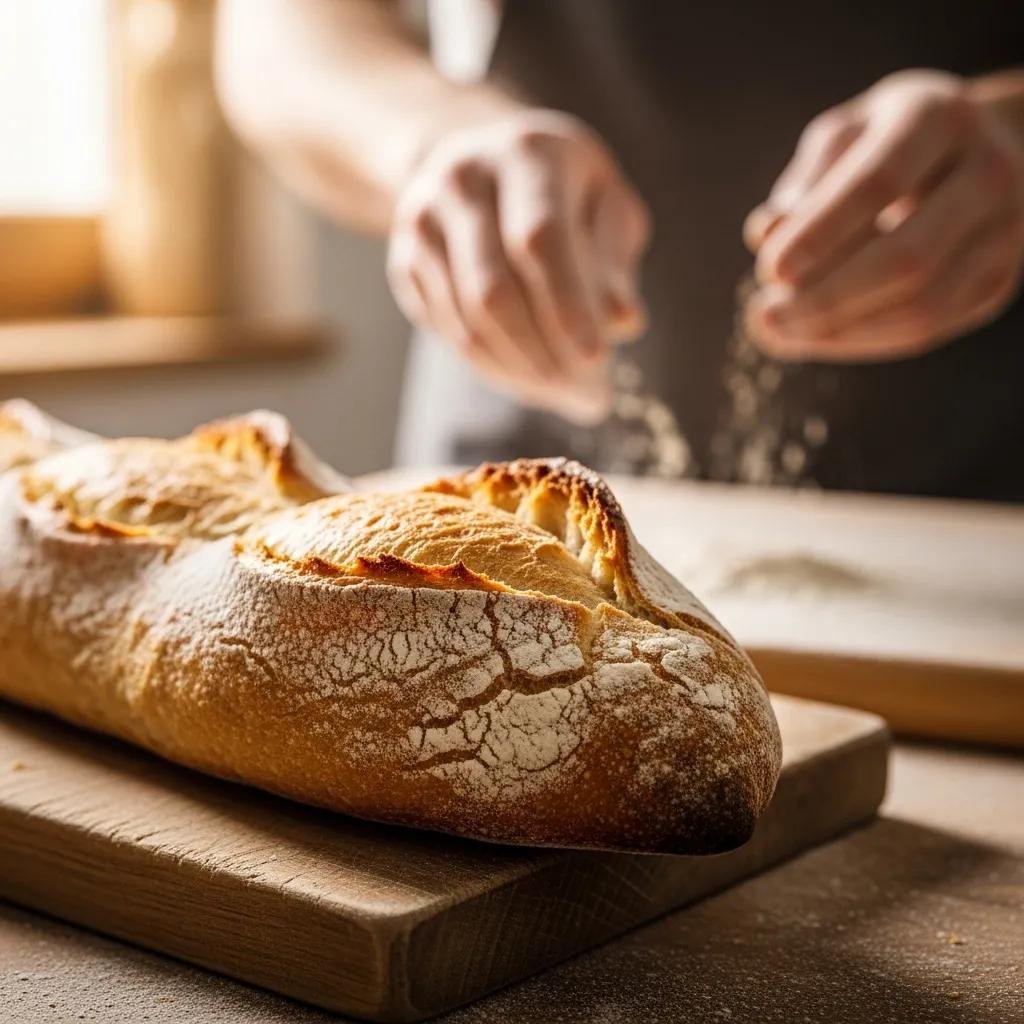 A freshly baked baguette with a crispy crust on a wooden cutting board, showcasing traditional baking techniques