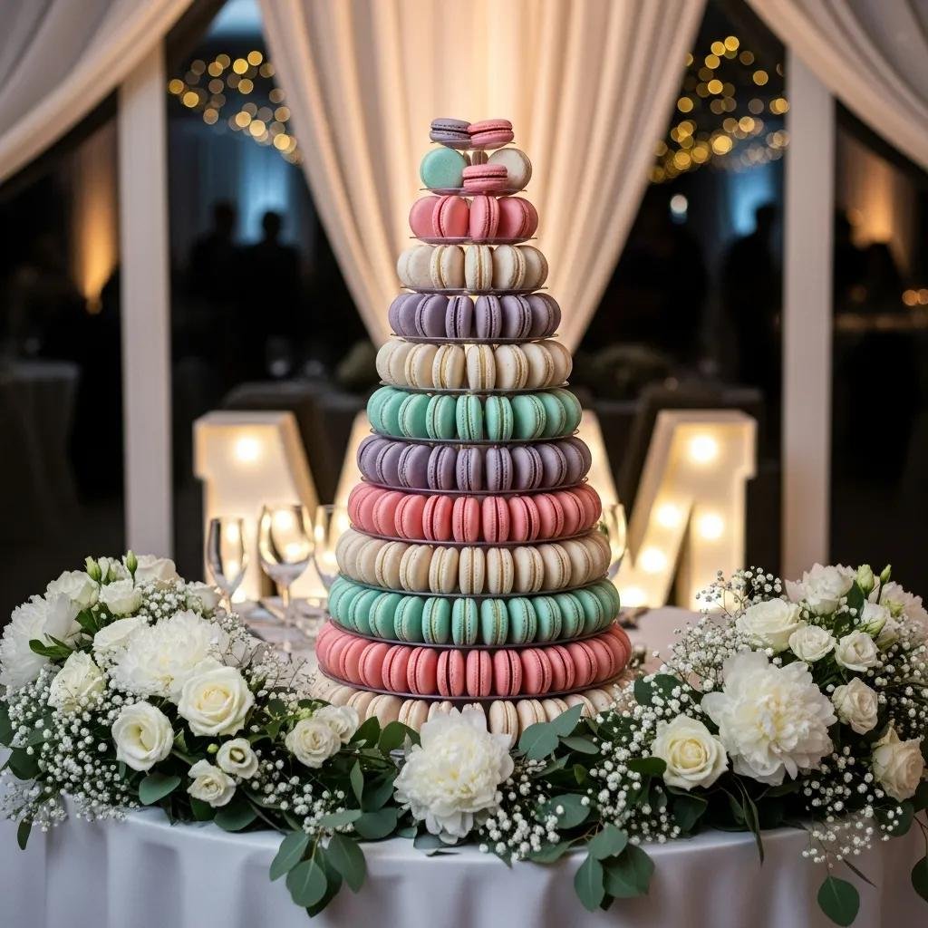 A macaron tower centerpiece at a wedding, surrounded by flowers, representing signature wedding pastries