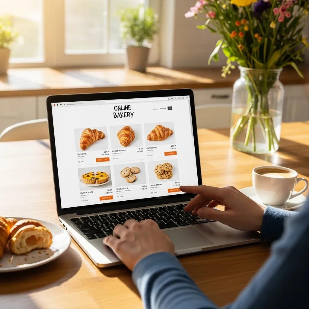 A person placing an online order for French pastries on a laptop in a bright kitchen