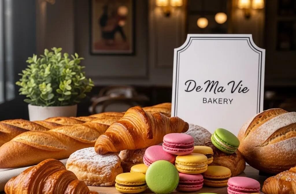 A selection of authentic French pastries including croissants and macarons in a cozy café setting