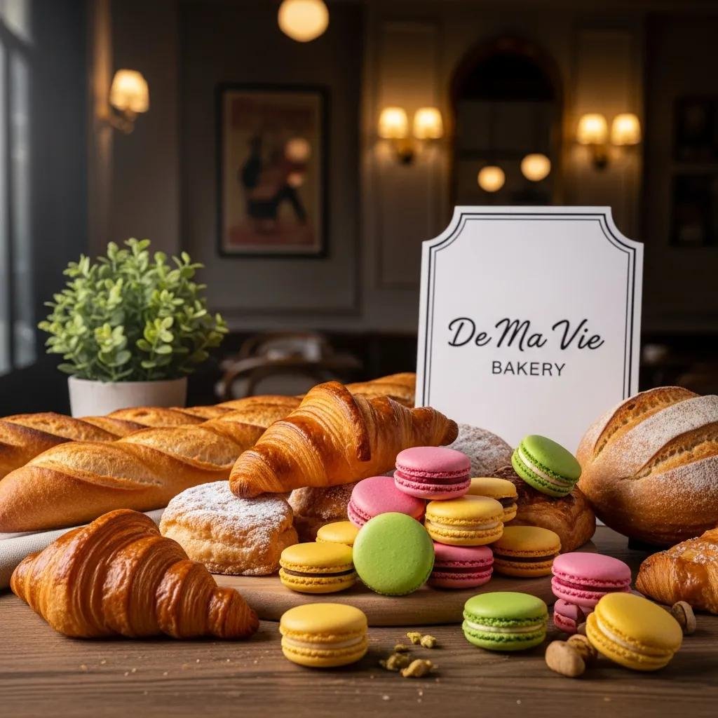 A selection of authentic French pastries including croissants and macarons in a cozy café setting