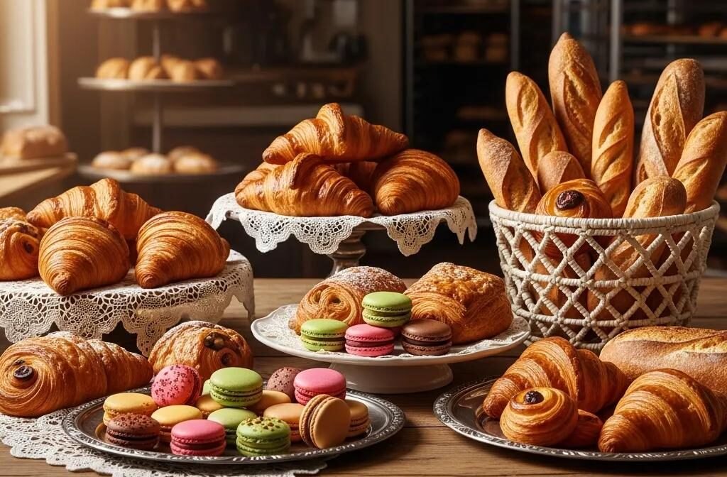 A selection of authentic French pastries including croissants, macarons, and baguettes displayed in a cozy bakery setting