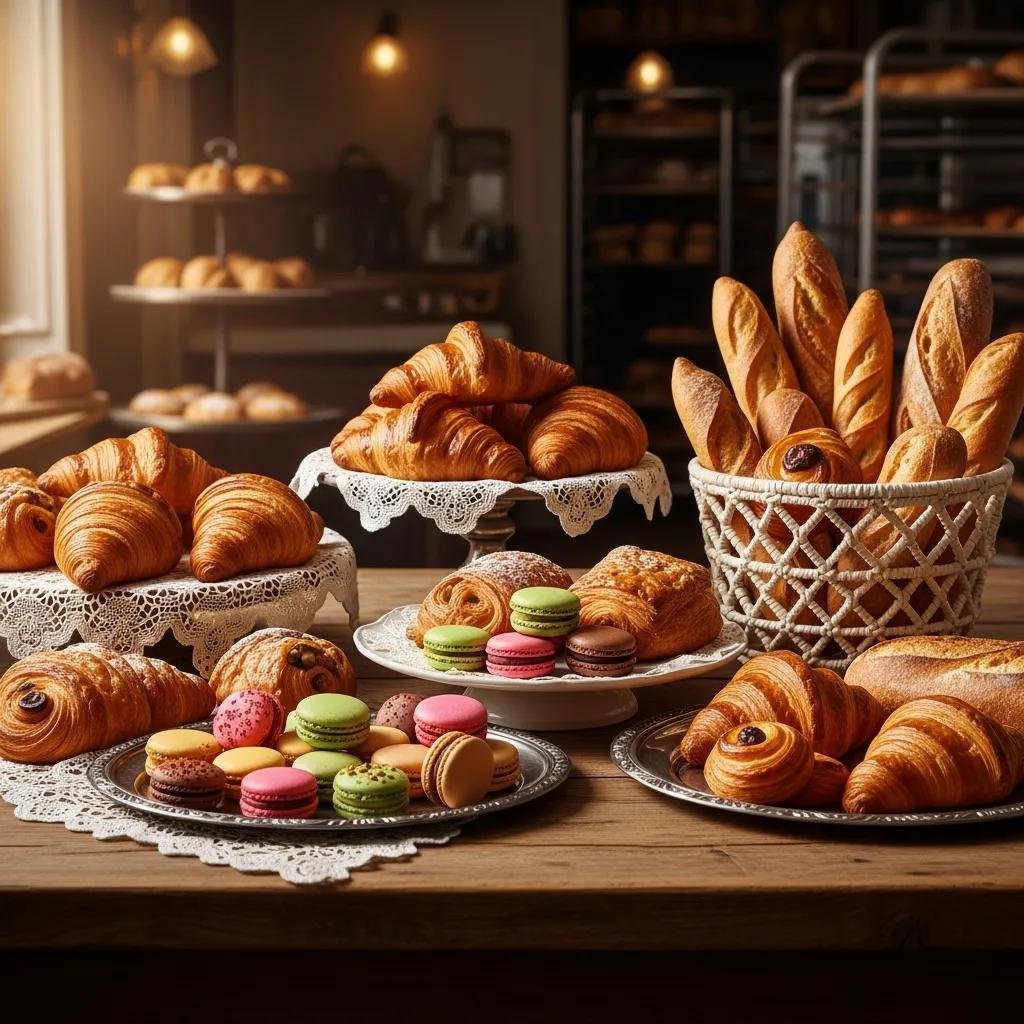 A selection of authentic French pastries including croissants, macarons, and baguettes displayed in a cozy bakery setting