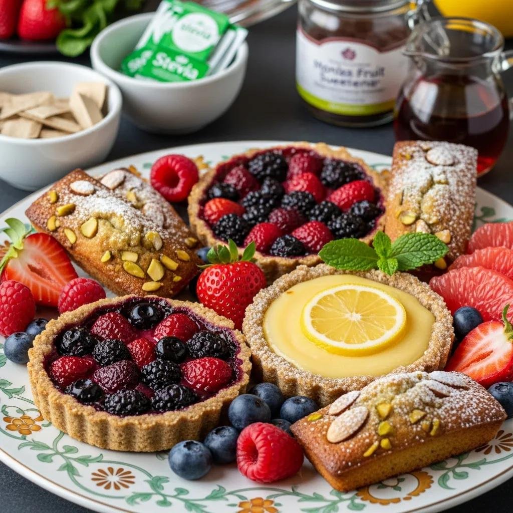 A selection of diabetic-friendly tarts and financiers on a decorative plate with fresh fruits