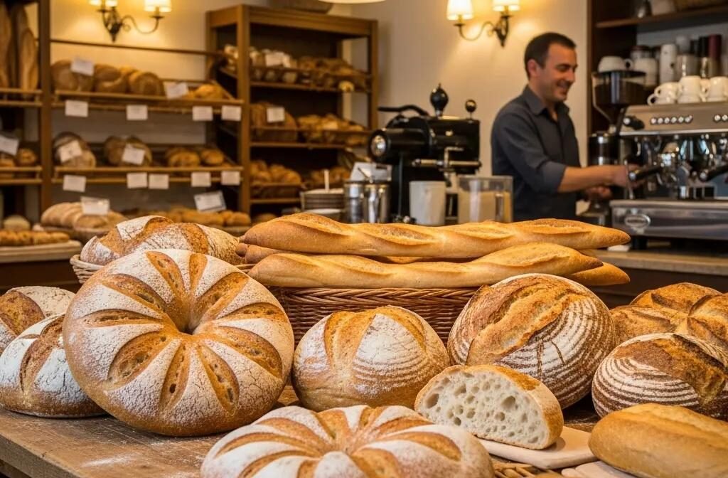 A selection of freshly baked French breads including baguettes and fougasse in a cozy bakery setting