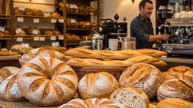 A selection of freshly baked French breads including baguettes and fougasse in a cozy bakery setting