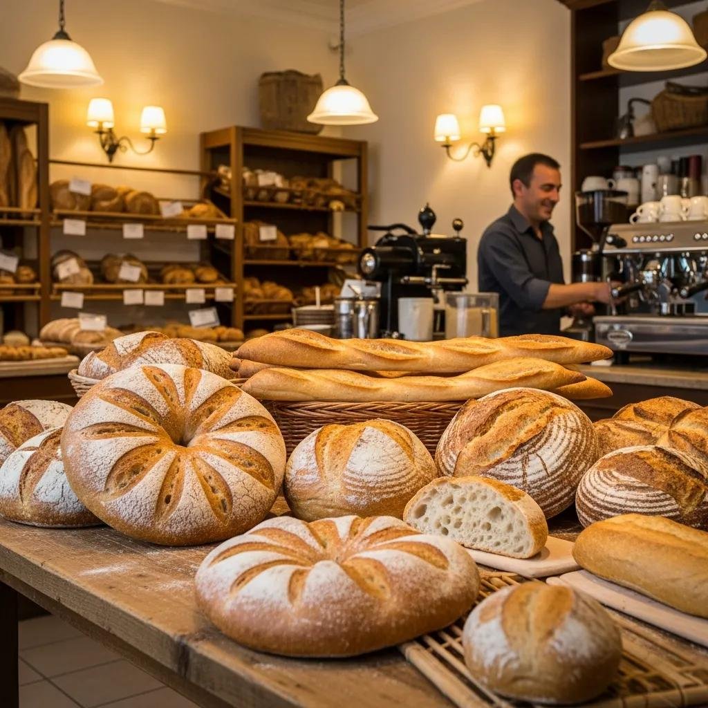 A selection of freshly baked French breads including baguettes and fougasse in a cozy bakery setting