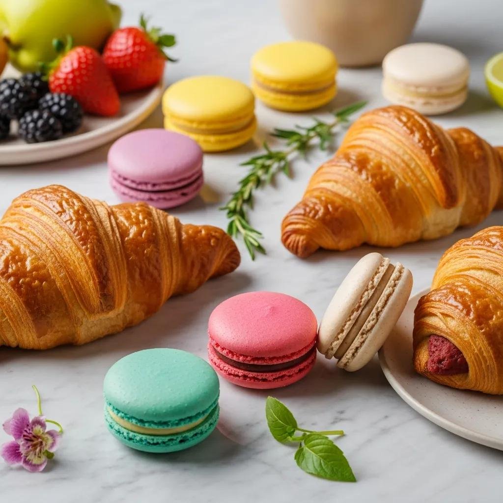 A selection of plant-based pastries including vegan macarons and a croissant, highlighting the trend of healthier dessert options