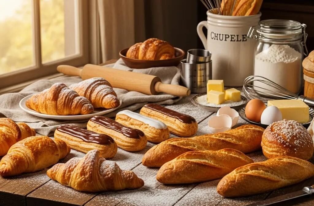 An assortment of French baked goods including croissants and éclairs on a rustic table, showcasing the art of French baking