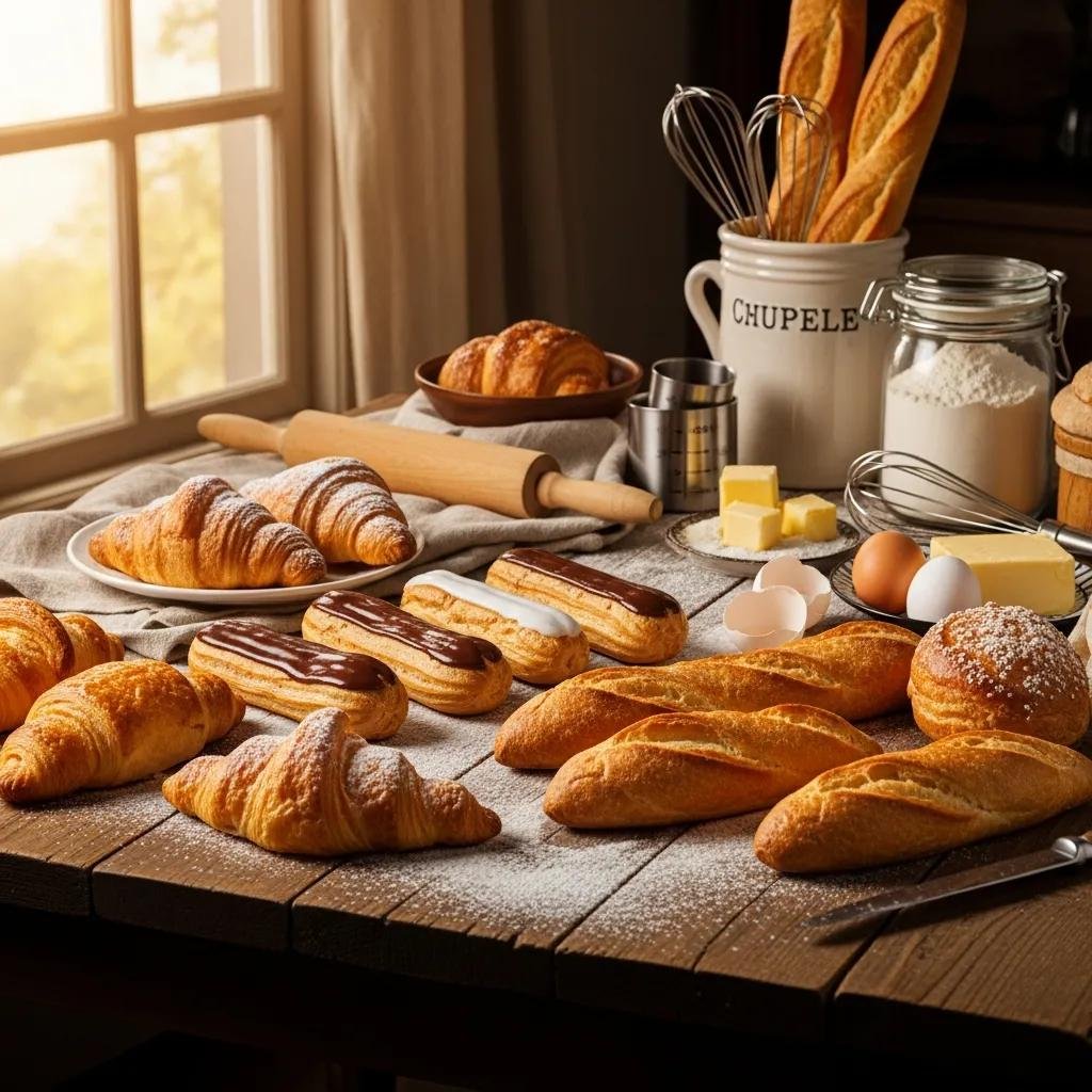 An assortment of French baked goods including croissants and éclairs on a rustic table, showcasing the art of French baking