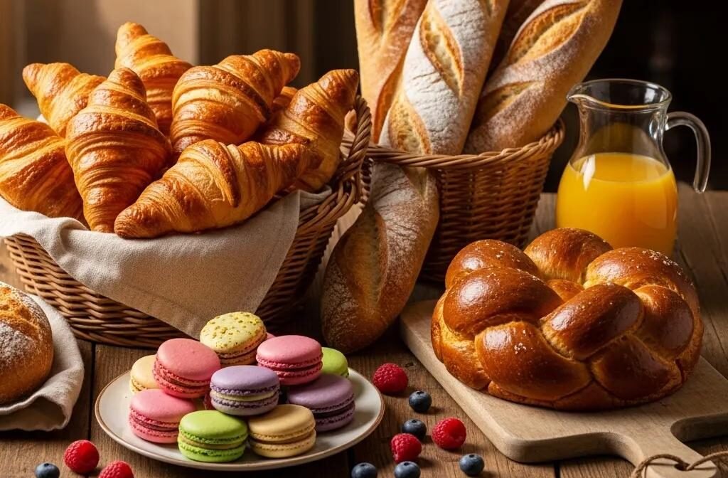 An assortment of French pastries and breads including croissants, macarons, and baguettes, showcasing the art of French baking