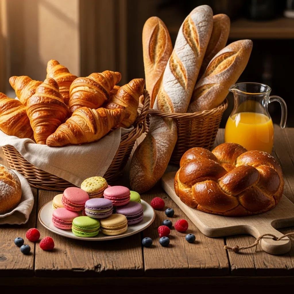 An assortment of French pastries and breads including croissants, macarons, and baguettes, showcasing the art of French baking