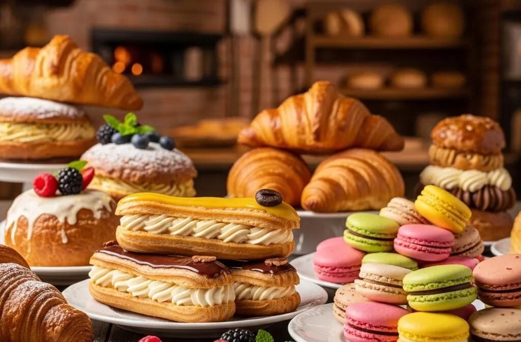 An assortment of French pastries including croissants, éclairs, and macarons displayed on a wooden table in a cozy bakery setting
