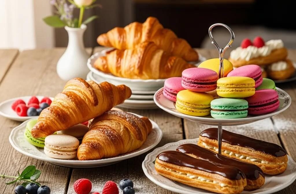 An assortment of French pastries including croissants, macarons, and éclairs on a wooden table, highlighting their textures and colors