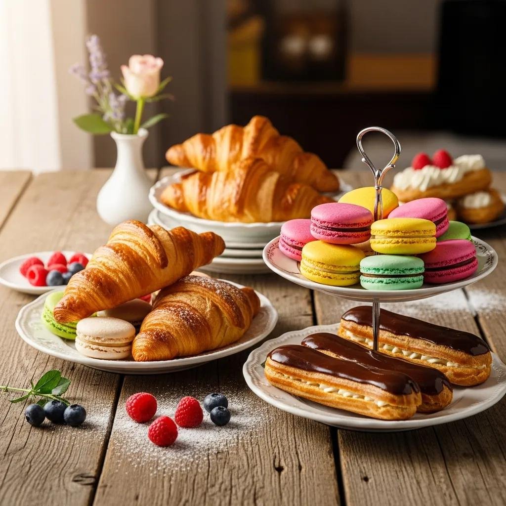 An assortment of French pastries including croissants, macarons, and éclairs on a wooden table, highlighting their textures and colors