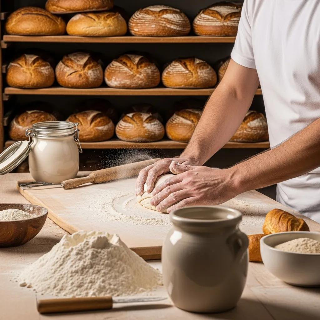 Artisan baker shaping dough for authentic French bread in a traditional bakery