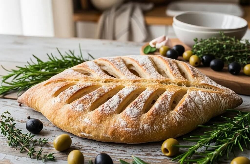 Artisan Fougasse bread with herbs and olives on a rustic table