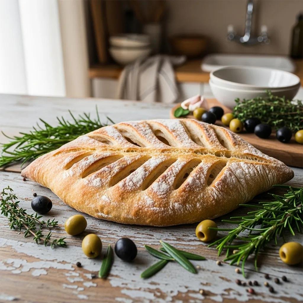 Artisan Fougasse bread with herbs and olives on a rustic table