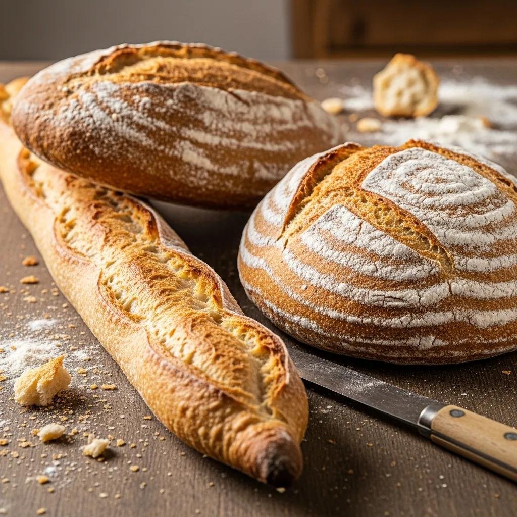 Artisan French breads including baguettes and pain de campagne on a wooden table