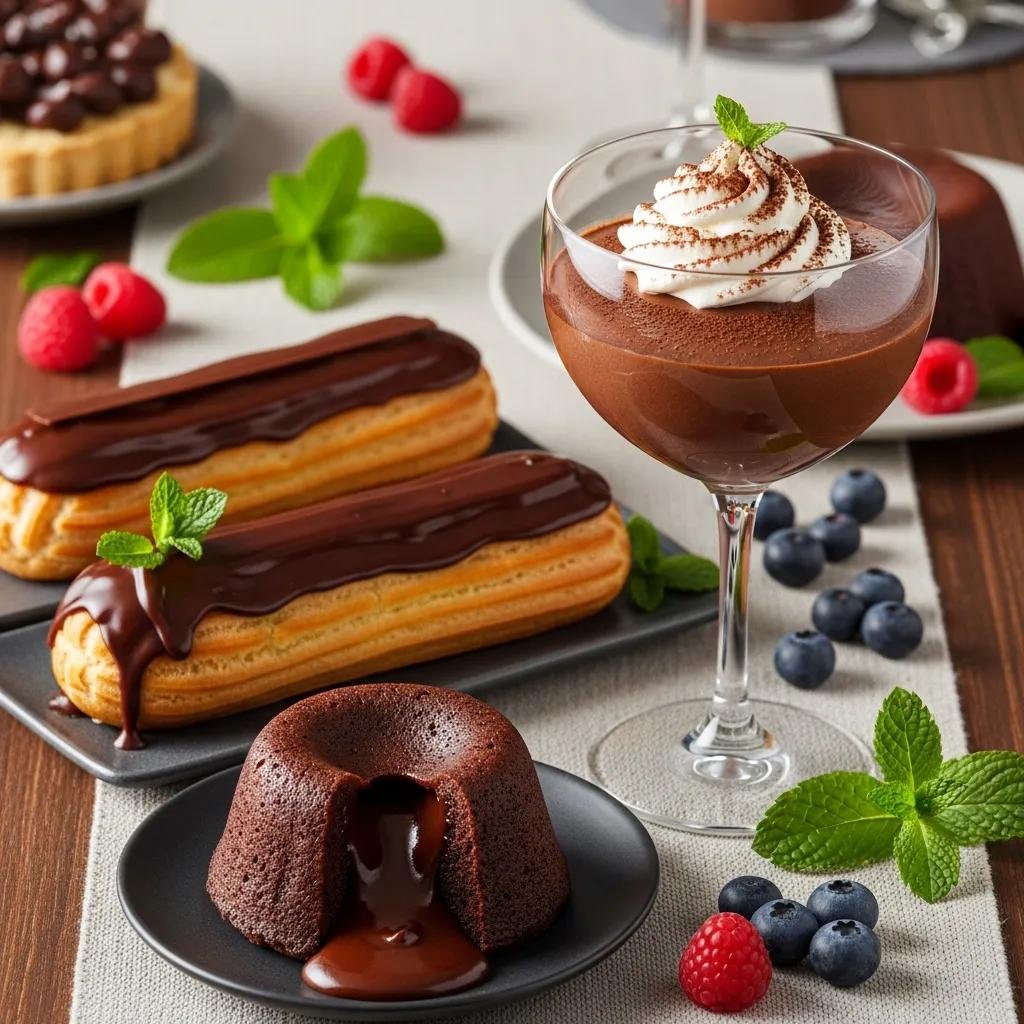 Assorted classic French chocolate desserts including mousse, éclair, and molten cake on a stylish dessert table