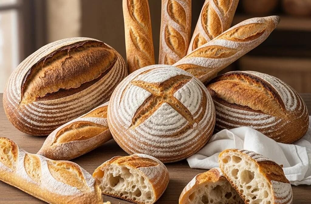 Assorted French bread types including baguettes and artisan loaves on a rustic wooden table, showcasing their textures and inviting appearance