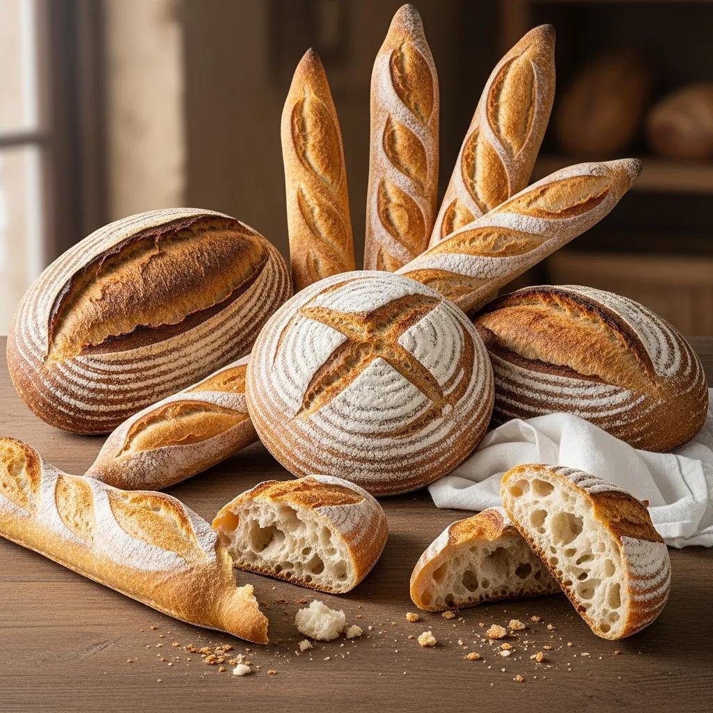 Assorted French bread types including baguettes and artisan loaves on a rustic wooden table, showcasing their textures and inviting appearance