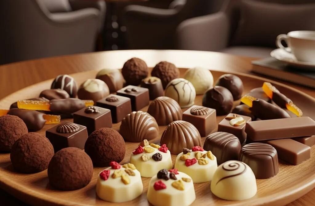 Assorted French chocolates on a wooden platter, showcasing dark, milk, and white varieties in a cozy café setting