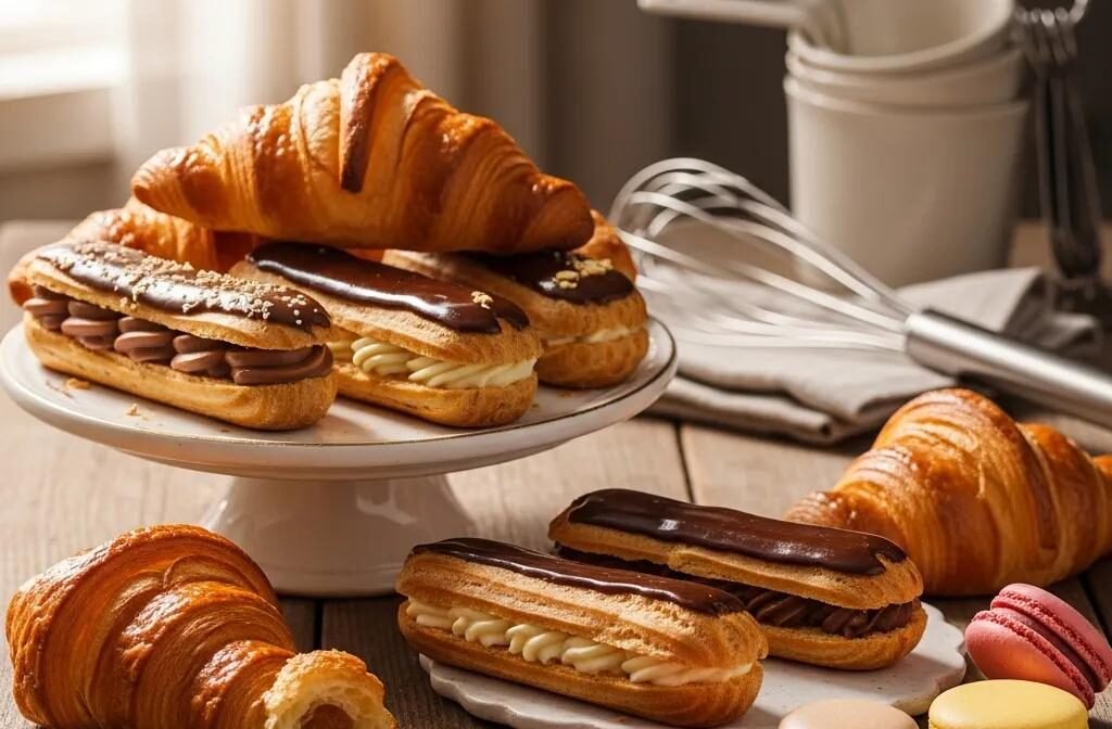 Assorted French pastries including croissants and macarons on a rustic table, showcasing the art of baking
