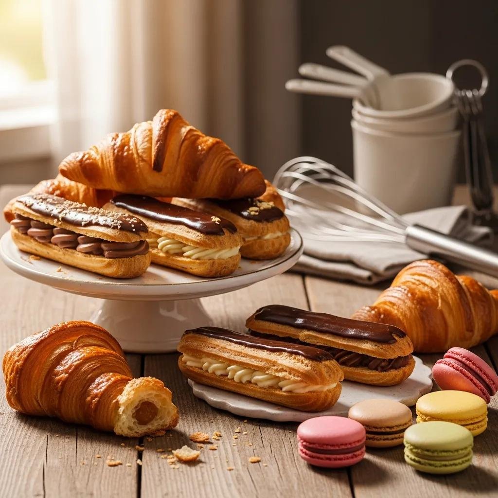Assorted French pastries including croissants and macarons on a rustic table, showcasing the art of baking