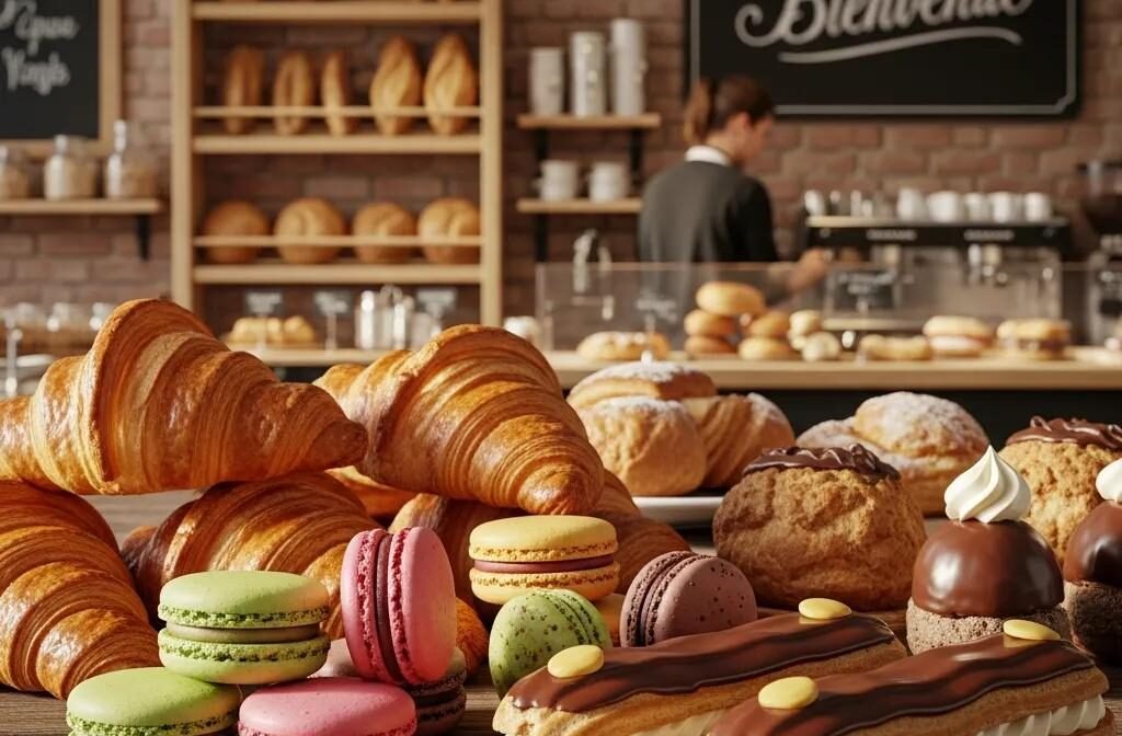 Assorted French pastries including croissants, macarons, and éclairs in a cozy bakery setting