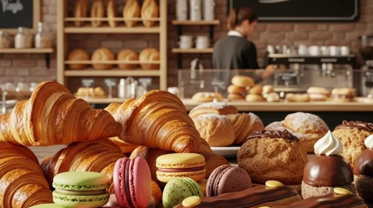 Assorted French pastries including croissants, macarons, and &eacute;clairs in a cozy bakery setting