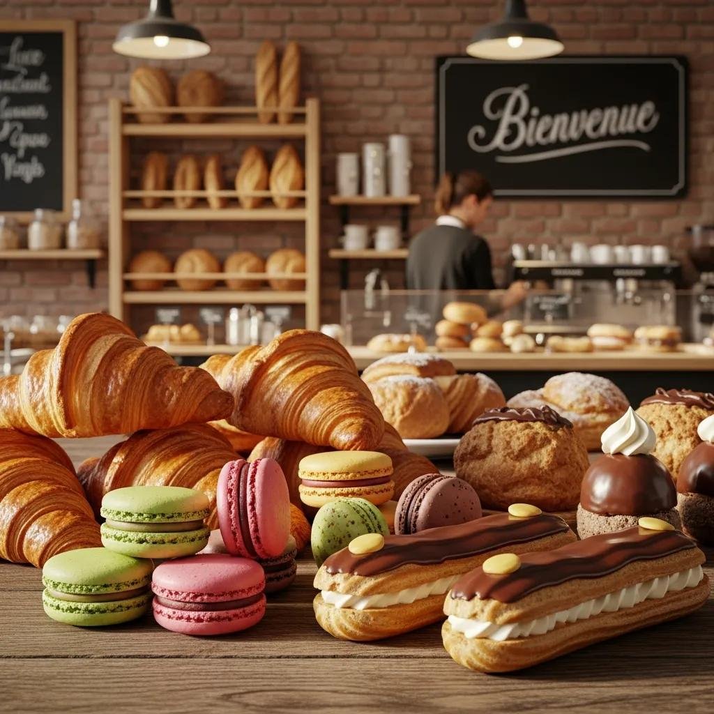 Assorted French pastries including croissants, macarons, and éclairs in a cozy bakery setting