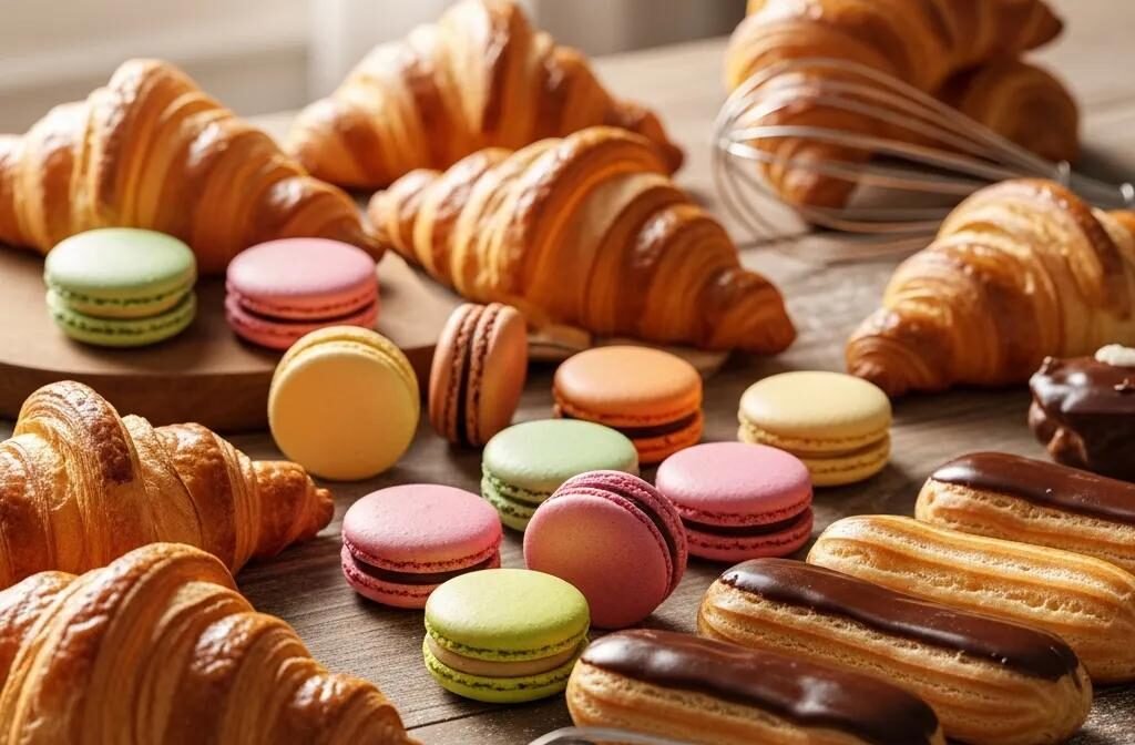 Assorted French pastries including croissants, macarons, and éclairs on a rustic table
