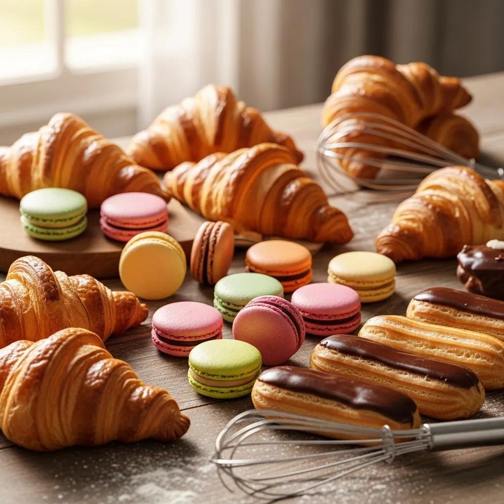 Assorted French pastries including croissants, macarons, and éclairs on a rustic table