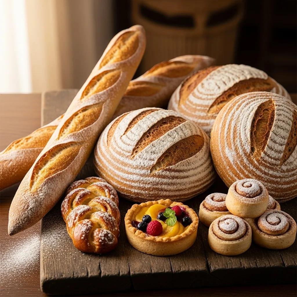 Assortment of artisanal breads including baguettes and sourdough on a wooden board