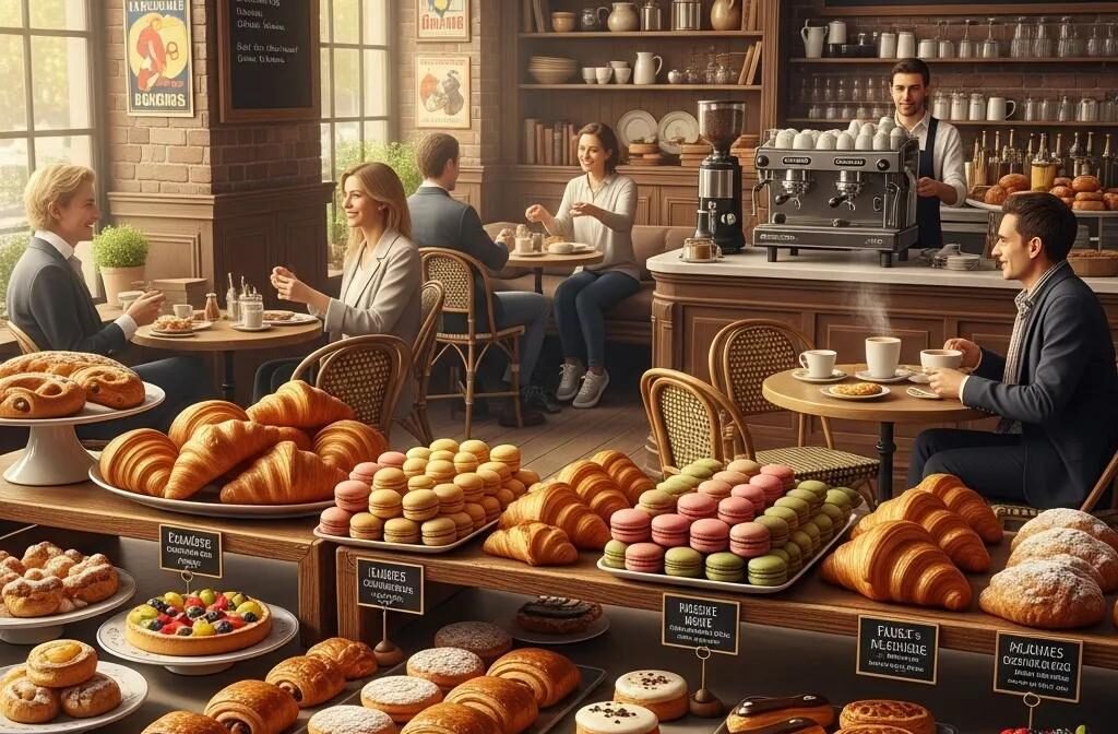 Authentic French bakery display with pastries and cozy cafe ambiance