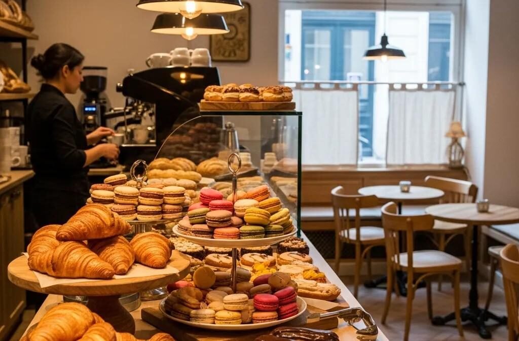 Authentic French bakery display with pastries like croissants and macarons