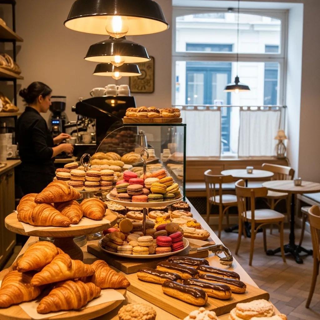 Authentic French bakery display with pastries like croissants and macarons