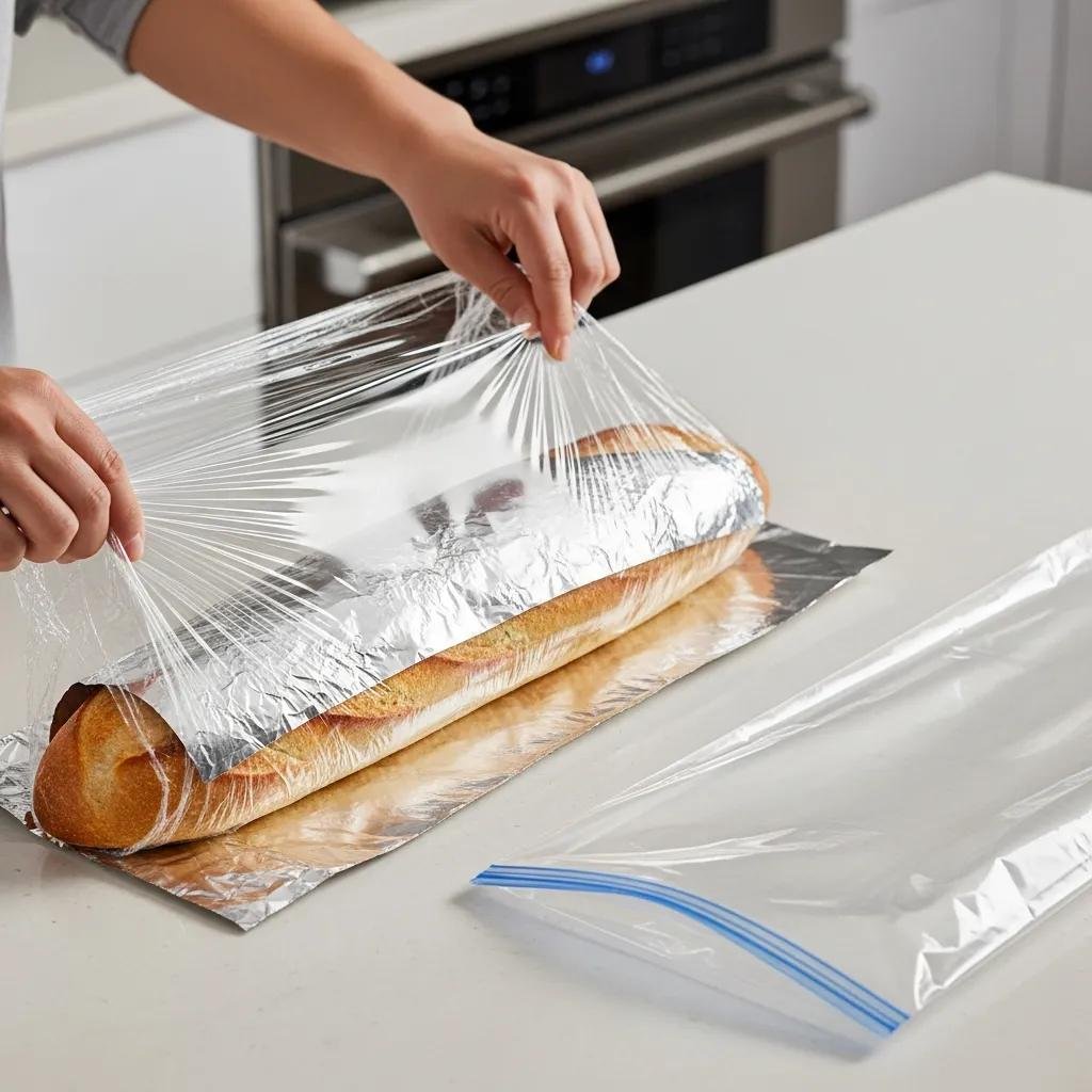 Baguette being wrapped in plastic wrap and aluminum foil for freezing, demonstrating proper storage techniques to extend shelf life